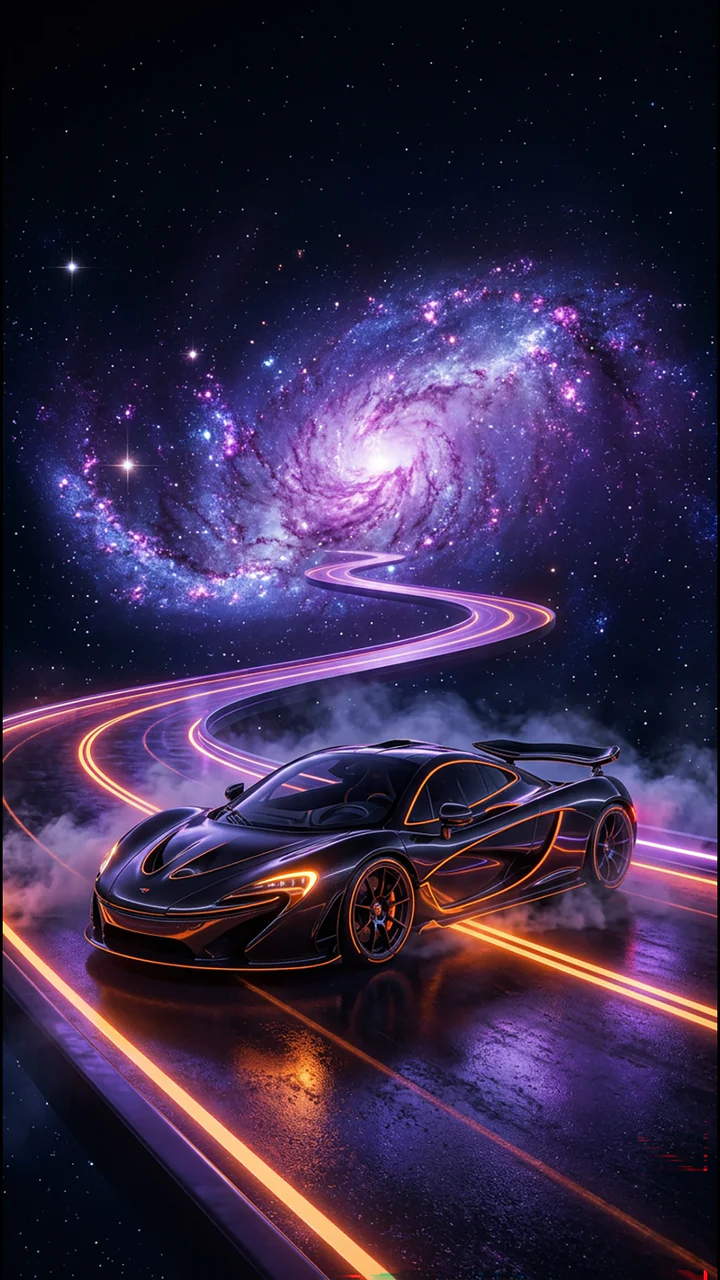 Black sports car on a reflective cosmic road leading toward a violet galaxy