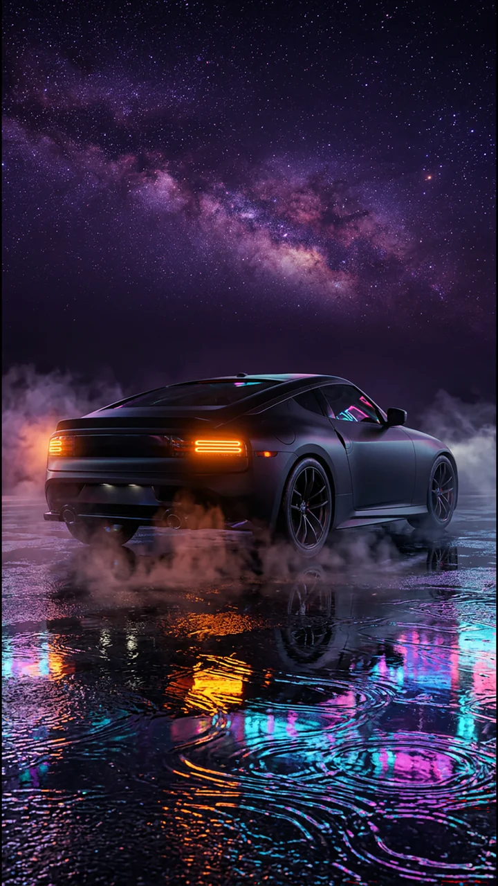 Dark performance car reflected in a rain-soaked cyan and magenta night road