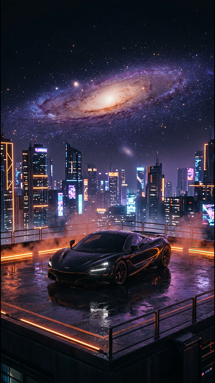 Dark sports car beneath a luminous purple galaxy and night horizon