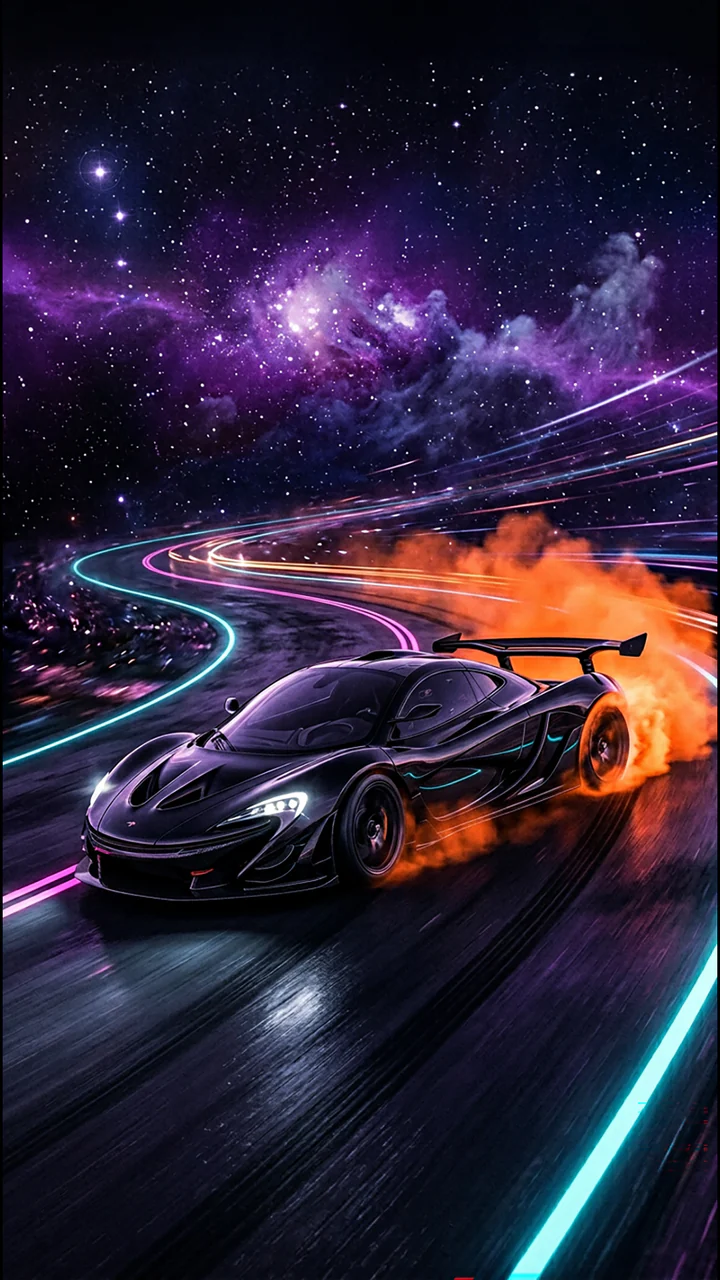 Dark sports car drifting through cyan and magenta light trails in space