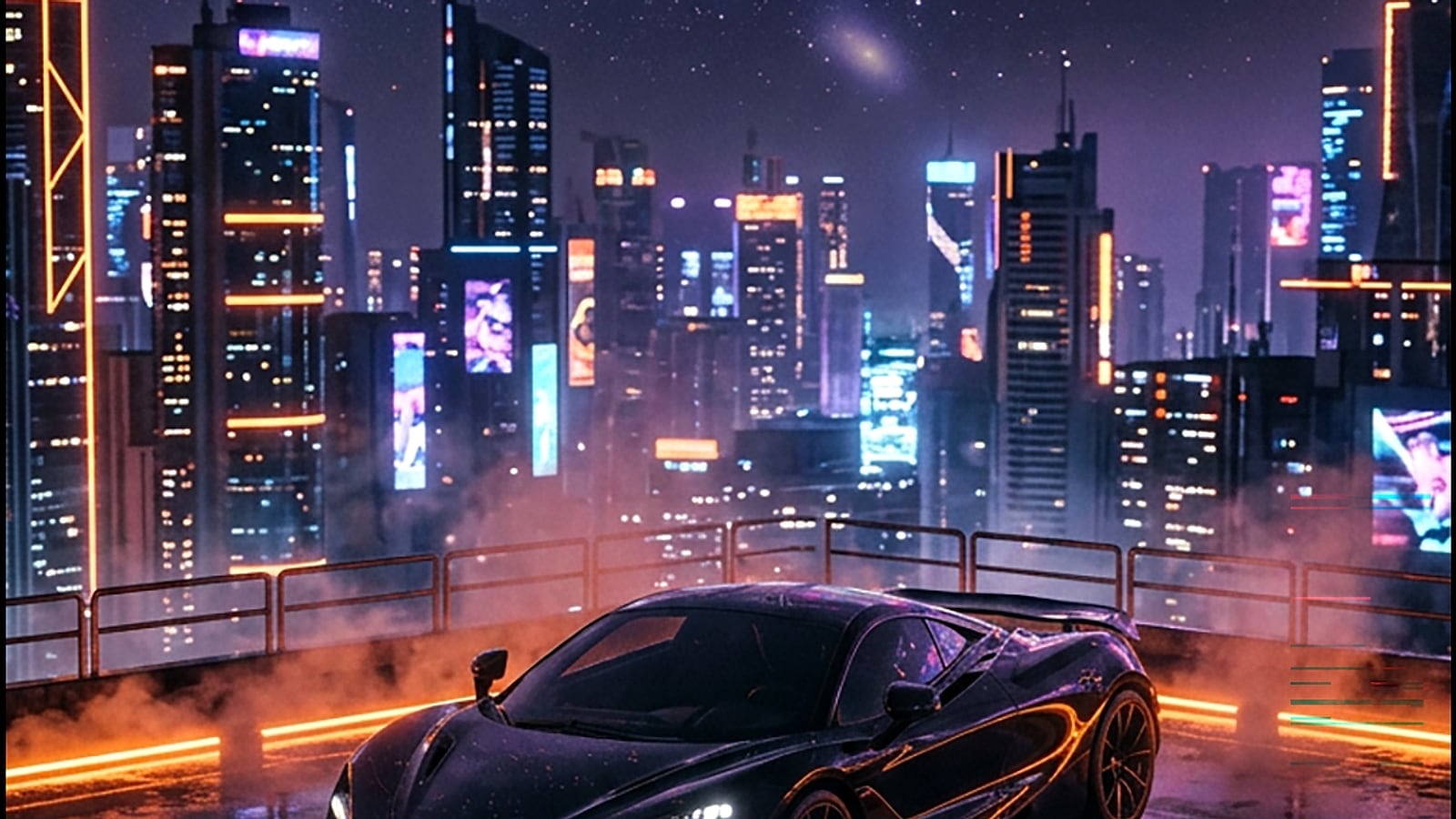 Dark sports car beneath a luminous purple galaxy and night horizon