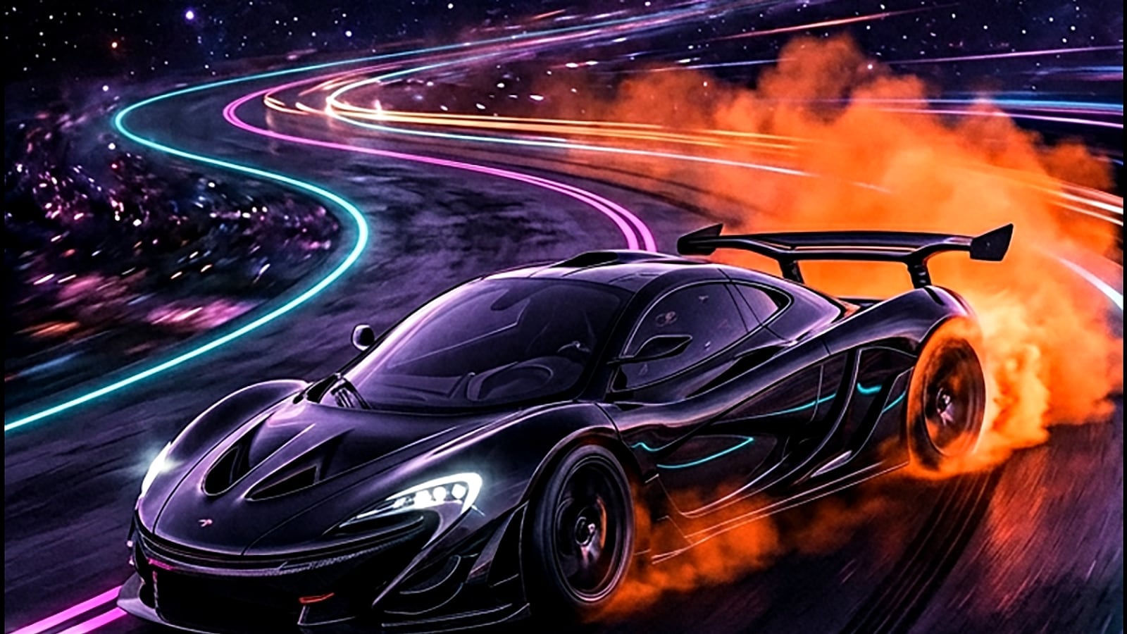Dark sports car drifting through cyan and magenta light trails in space