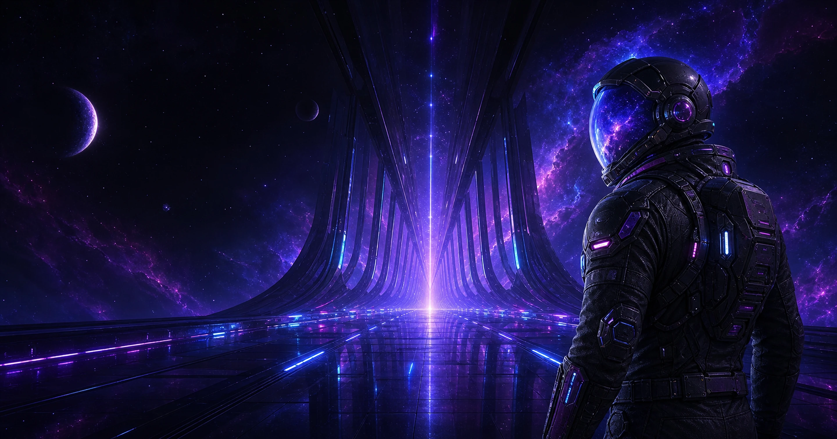 Original Cosmic Throttle explorer facing a symmetrical ultraviolet corridor