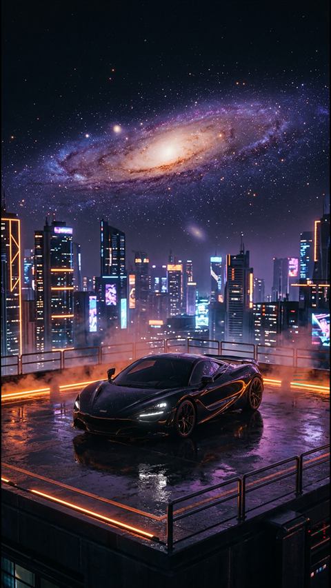 Dark sports car below a galaxy city phone wallpaper
